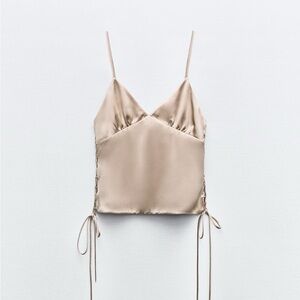 Zara Beige Satin Lace-Up Cami Tank